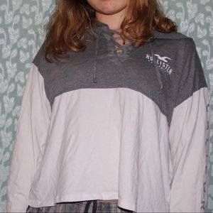 White and Grey Long Sleeve Hooded Hollister Tee